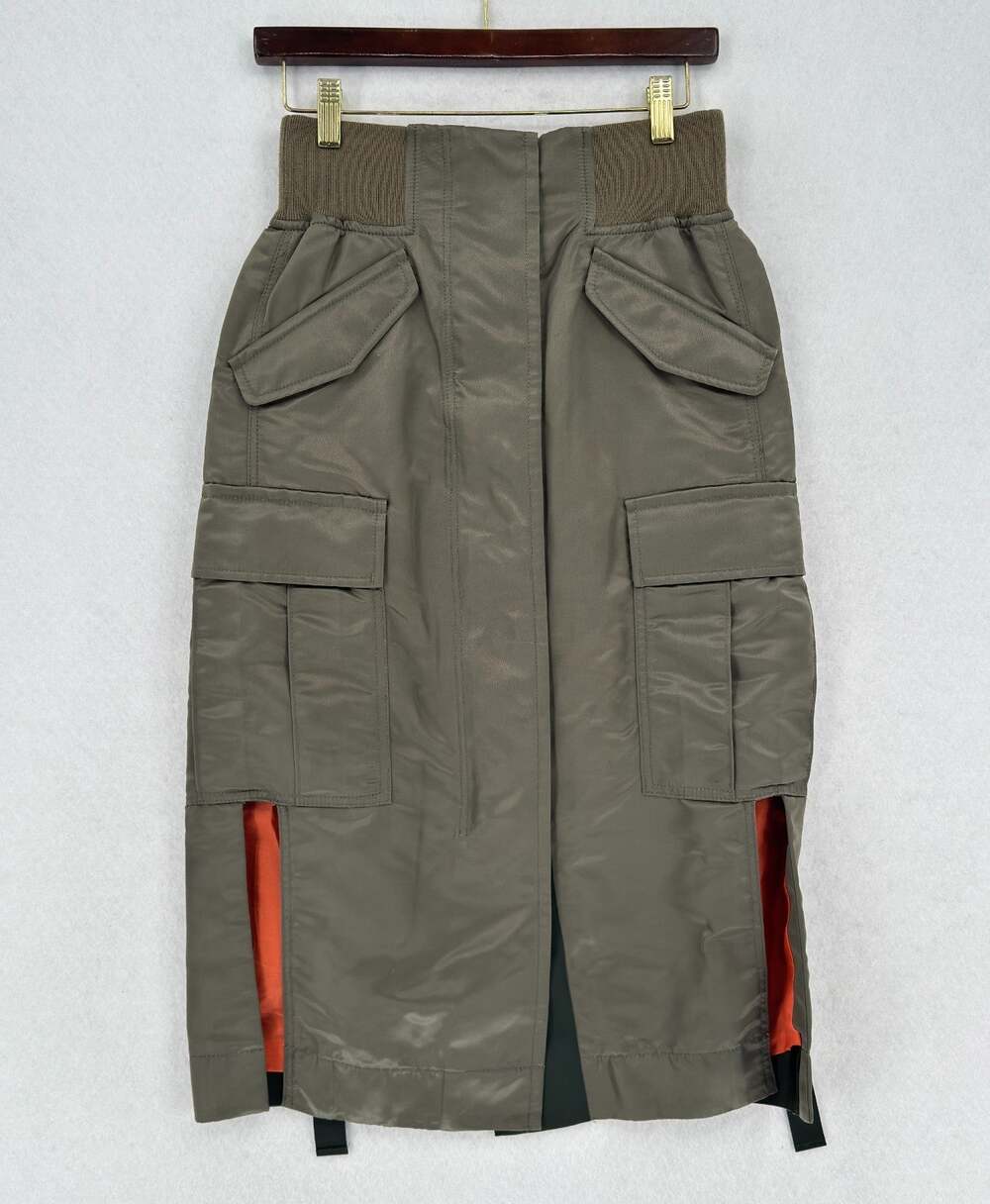 Sacai Green Khaki Nylon Padded Midi Pencil Utility Cargo Skirt Sz 2